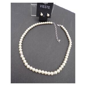 NWT VIESTE Faux Pearl & Crystal Necklace & Pierced Earrings Set Silver Tone Set